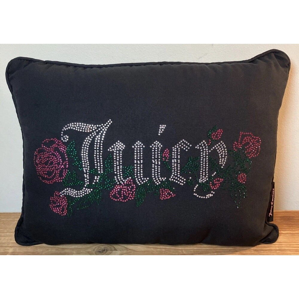 Juicy Couture Home Rhinestone Roses Throw Accent Bed Pillow Unused 16”x12” Black